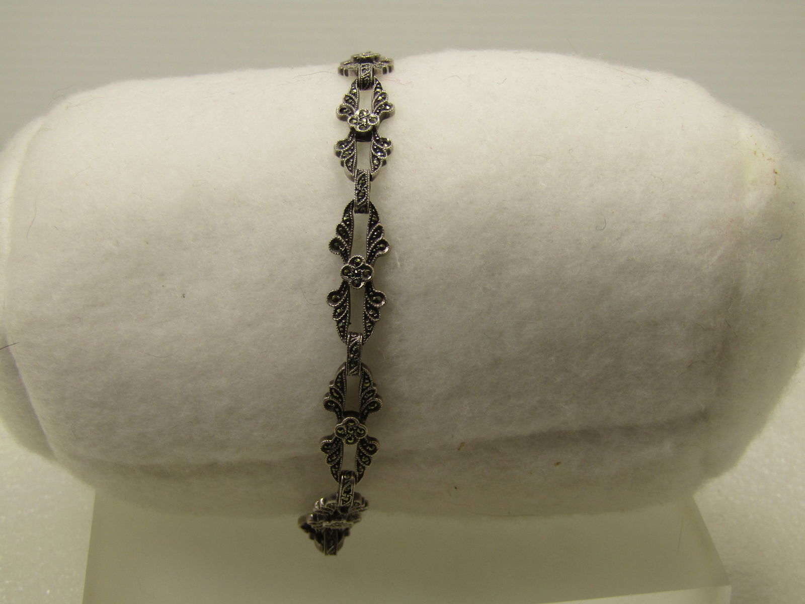 Vintage Sterling Marcasite Open Link Bracelet, 7", Blossom Accents , Signed, 1940's - 3