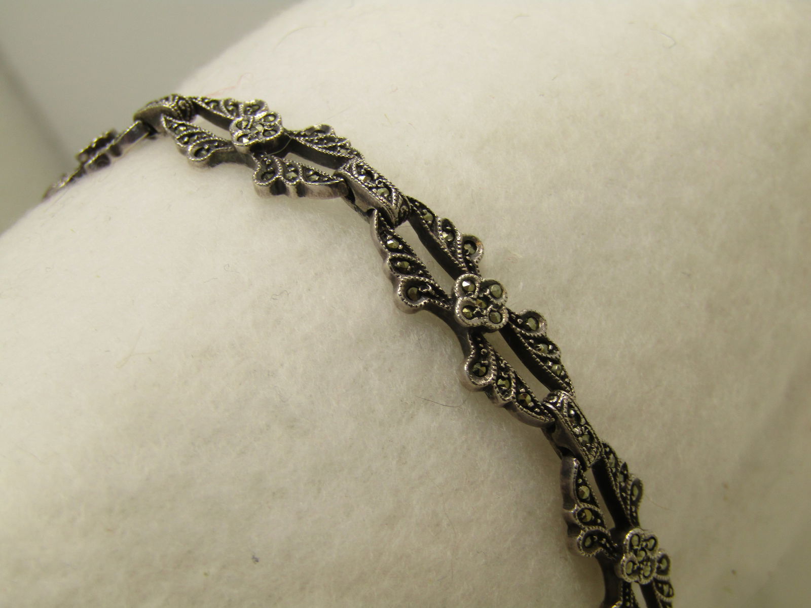 Vintage Sterling Marcasite Open Link Bracelet, 7", Blossom Accents , Signed, 1940's - 4