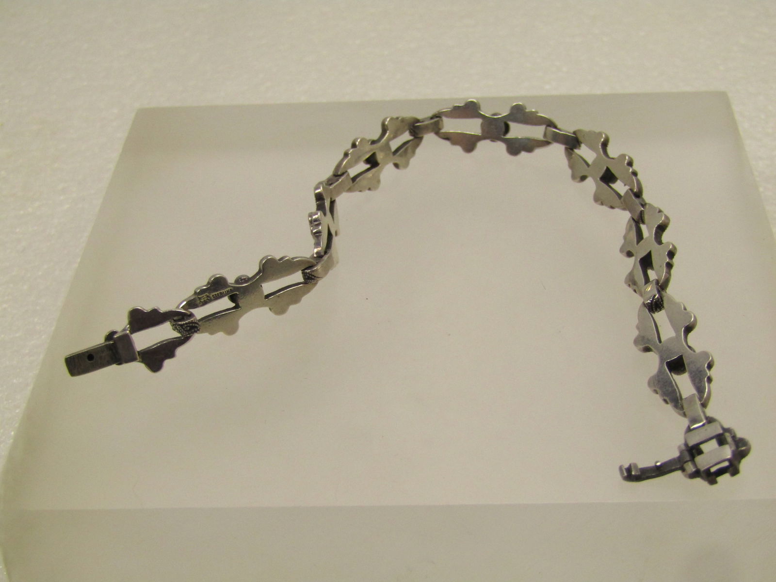 Vintage Sterling Marcasite Open Link Bracelet, 7", Blossom Accents , Signed, 1940's - 5