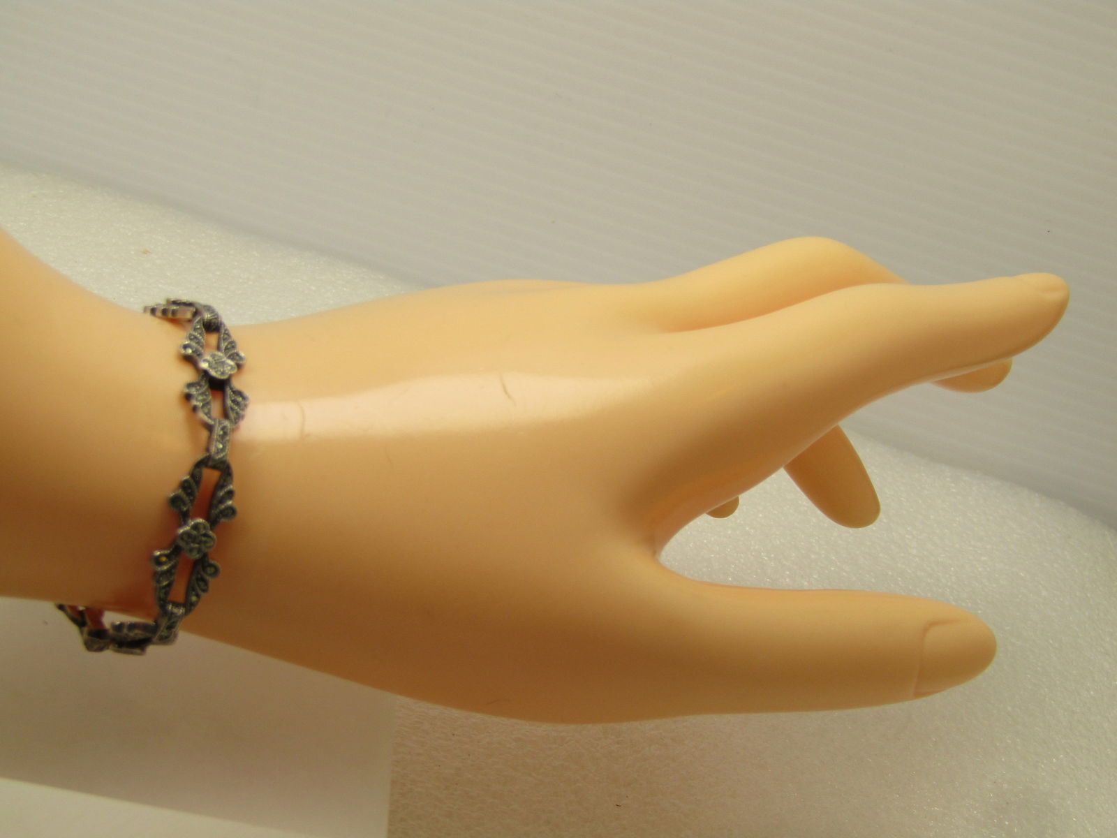 Vintage Sterling Marcasite Open Link Bracelet, 7", Blossom Accents , Signed, 1940's - 7