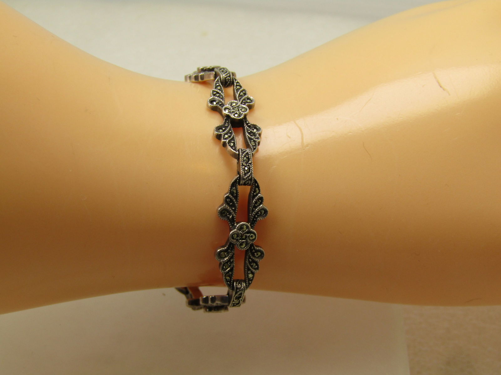 Vintage Sterling Marcasite Open Link Bracelet, 7", Blossom Accents , Signed, 1940's - 8