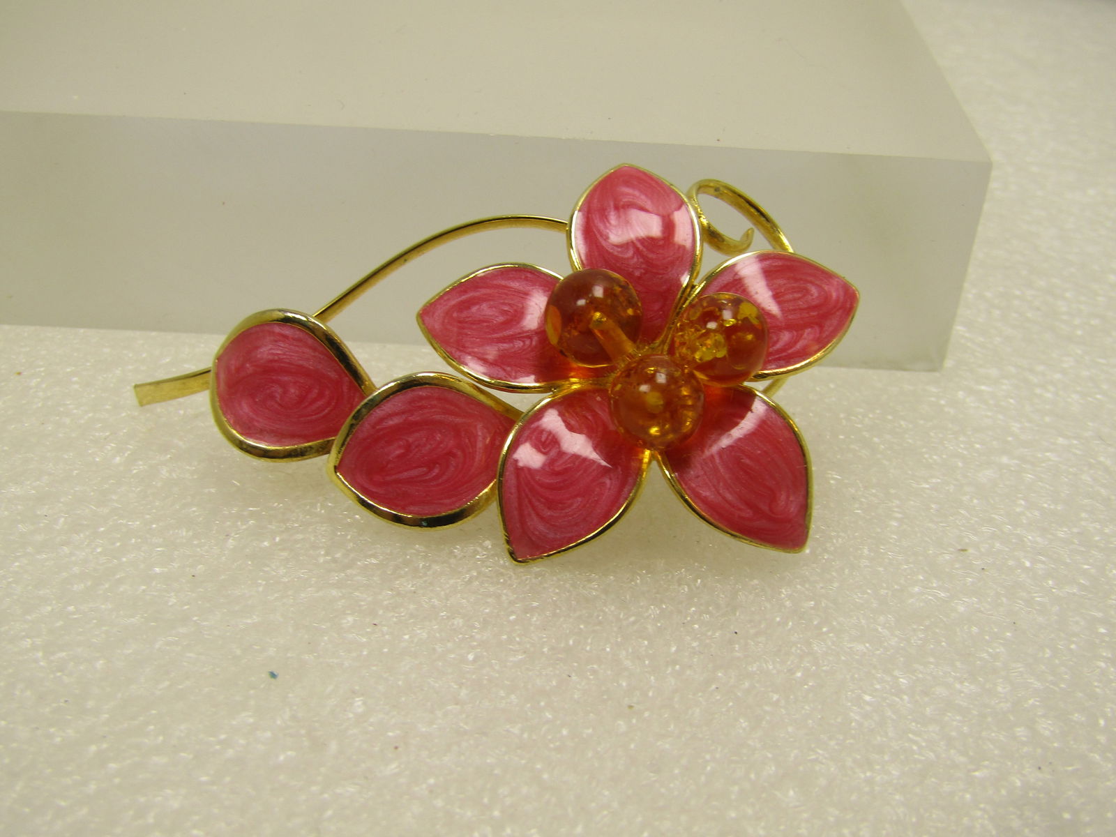 Vintage Pink Enameled Floral Stem Brooch, Faux Amber Beads, 1970's - 2