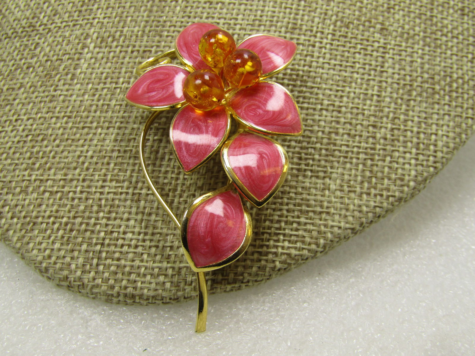 Vintage Pink Enameled Floral Stem Brooch, Faux Amber Beads, 1970's - 3