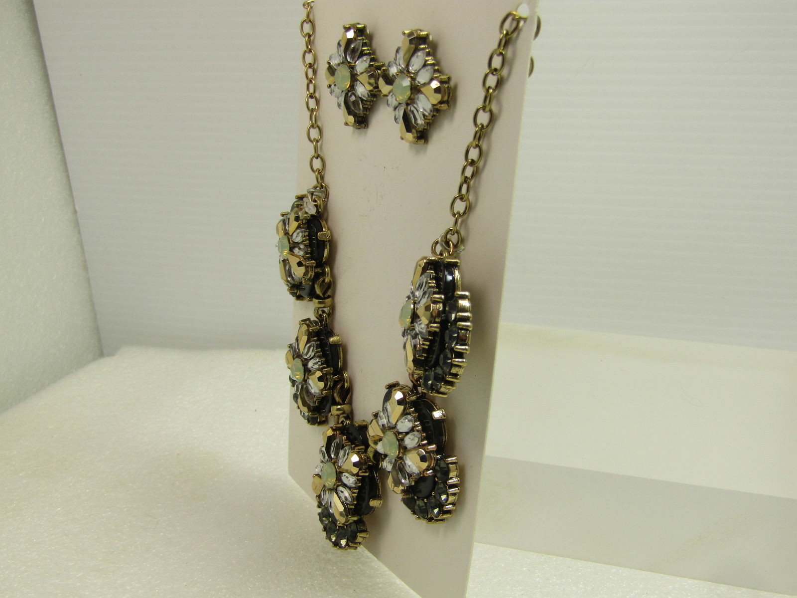 Yellow/Gold/Black Rhinestone Drop Necklace and Earrings, 18"-21", 1980's-1990's - 2