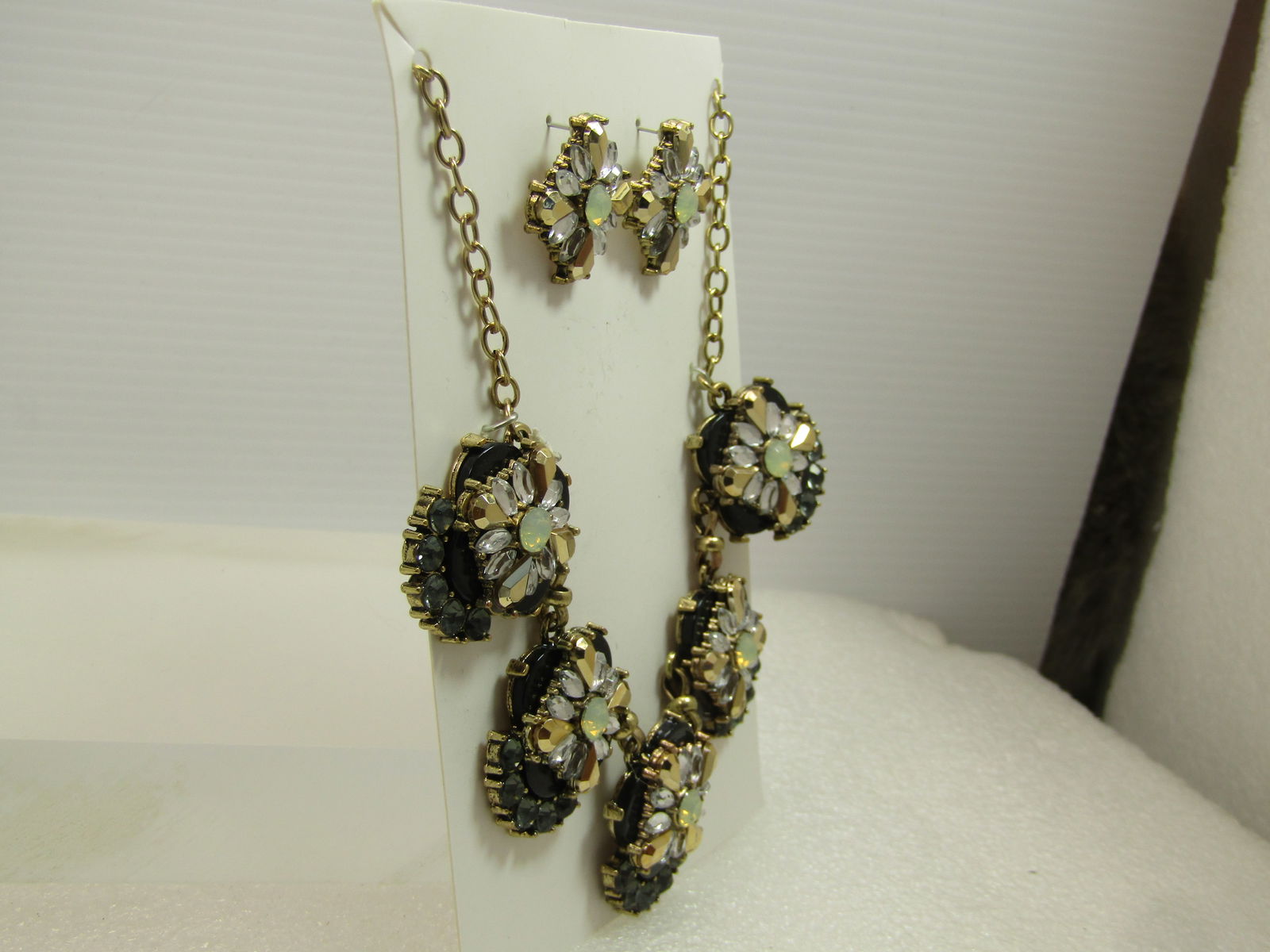 Yellow/Gold/Black Rhinestone Drop Necklace and Earrings, 18"-21", 1980's-1990's - 3