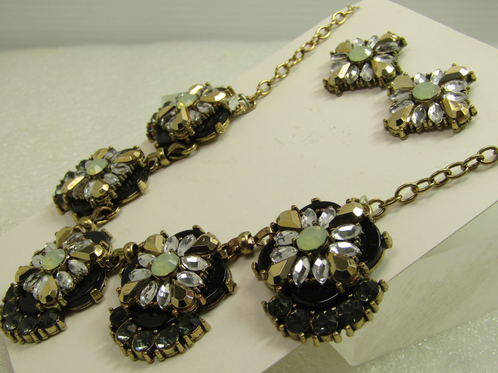 Yellow/Gold/Black Rhinestone Drop Necklace and Earrings, 18"-21", 1980's-1990's - 5