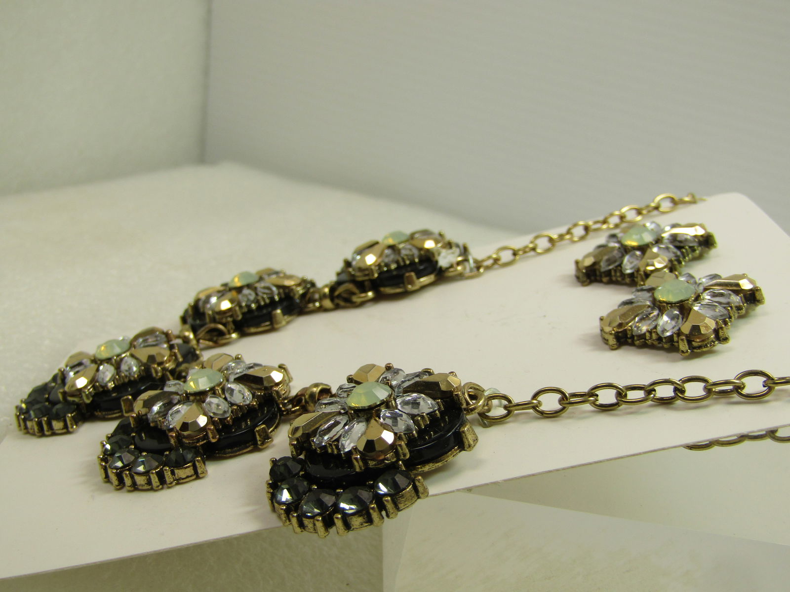 Yellow/Gold/Black Rhinestone Drop Necklace and Earrings, 18"-21", 1980's-1990's - 6
