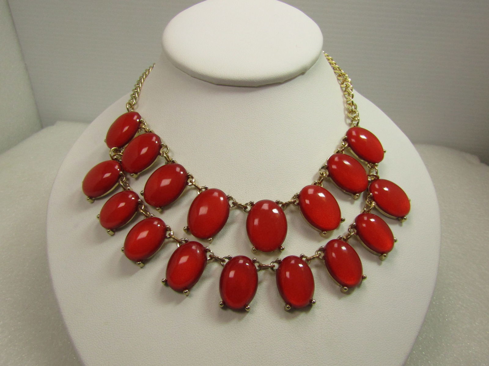 Vintage Red Double Row Bib Necklace, 18"-21", Gold Tone, 1980's (1 of 6)