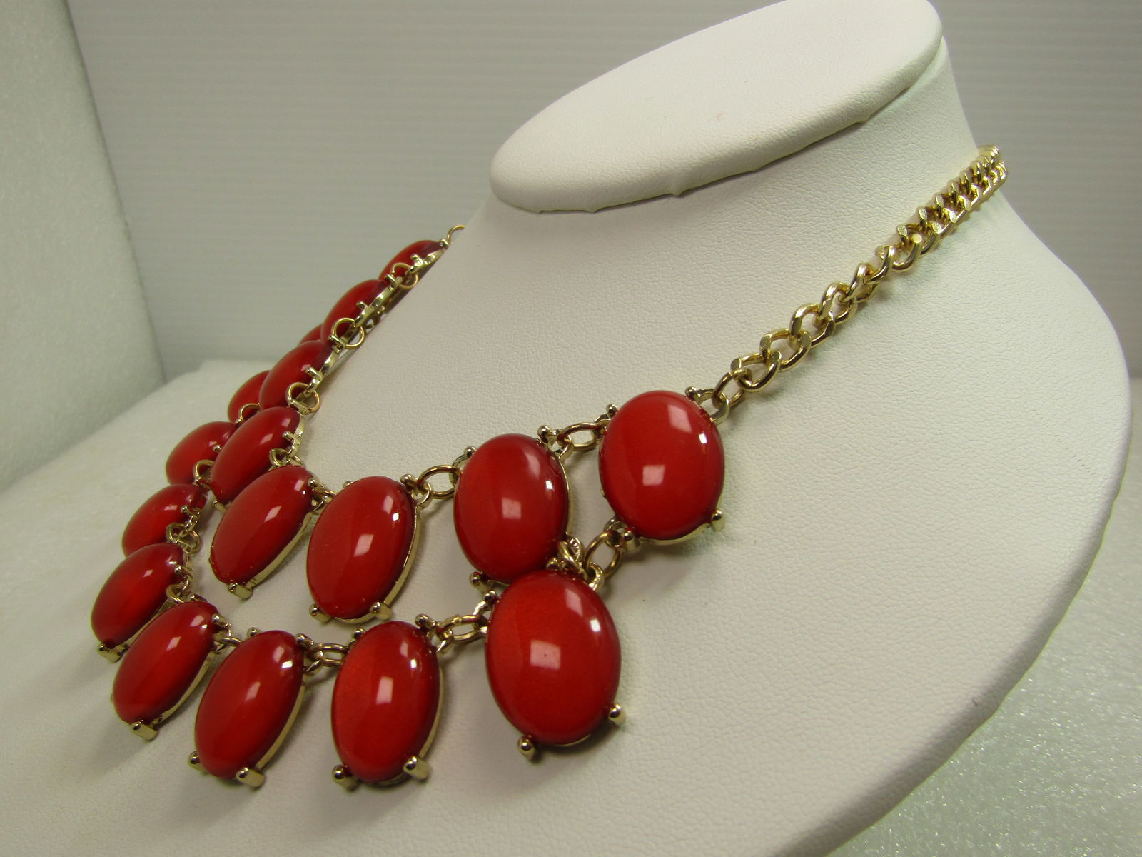 Vintage Red Double Row Bib Necklace, 18"-21", Gold Tone, 1980's - 2