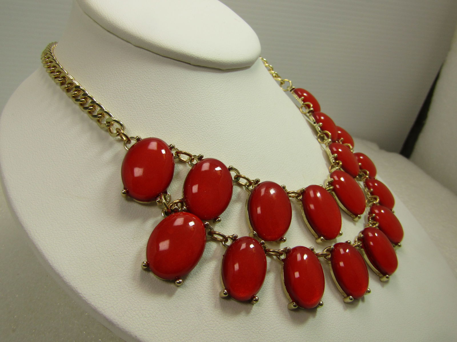 Vintage Red Double Row Bib Necklace, 18"-21", Gold Tone, 1980's - 3