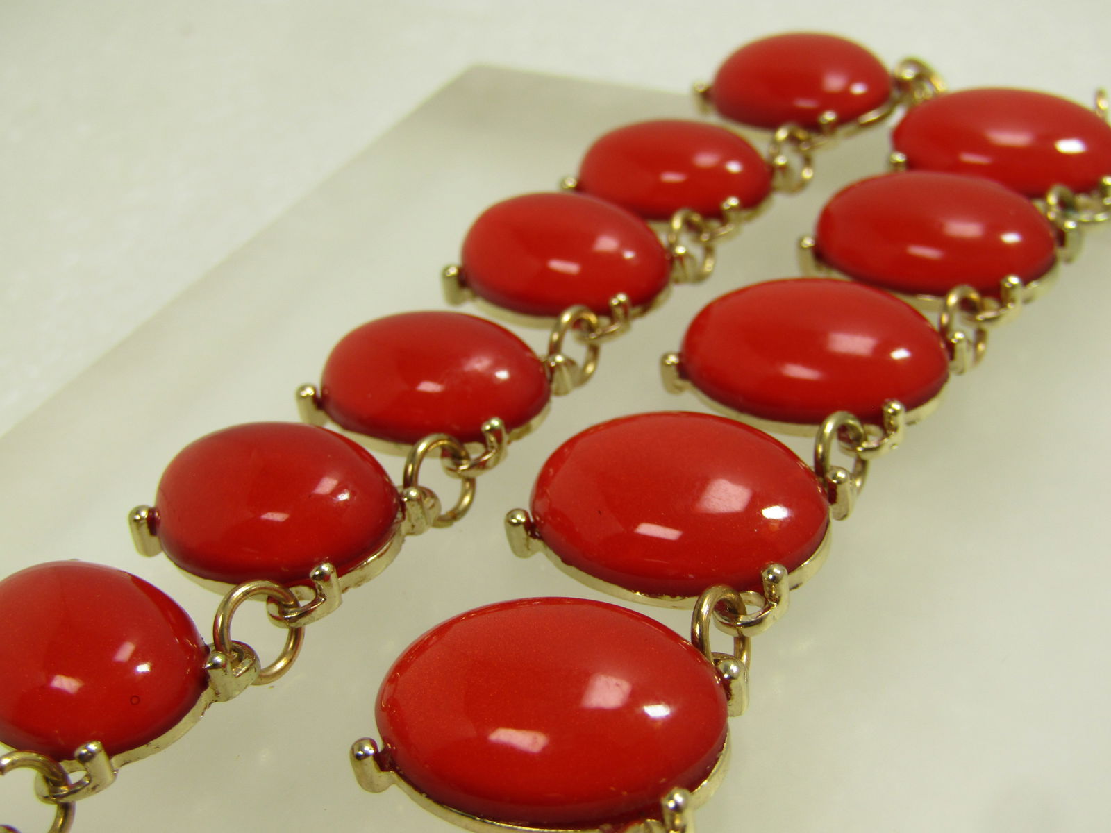Vintage Red Double Row Bib Necklace, 18"-21", Gold Tone, 1980's - 5