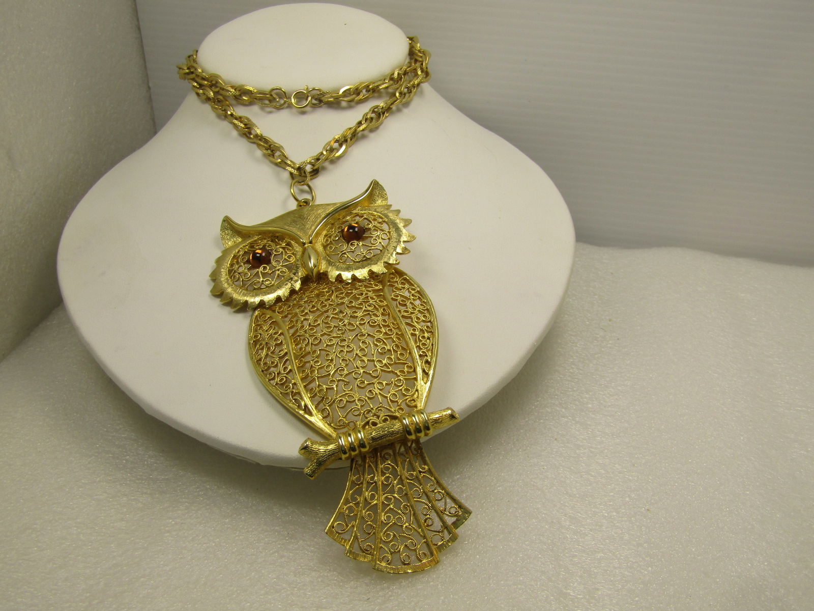 Vintage Large Filigree Owl Necklace, 22", 1960's-1970's (1 of 6)