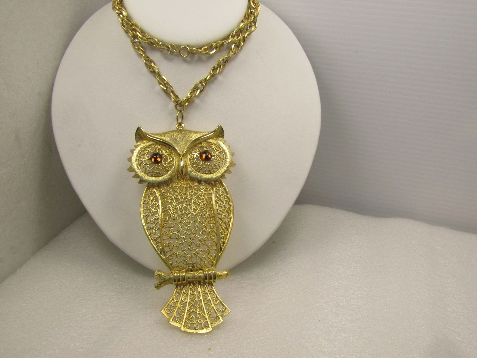 Vintage Large Filigree Owl Necklace, 22", 1960's-1970's - 2