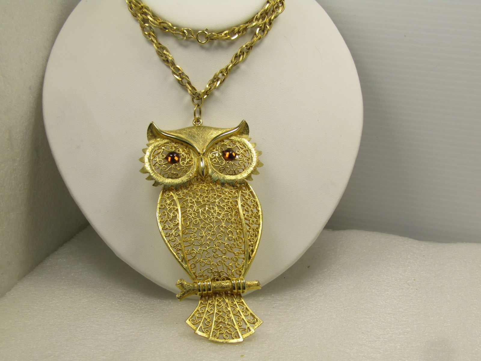 Vintage Large Filigree Owl Necklace, 22", 1960's-1970's - 3