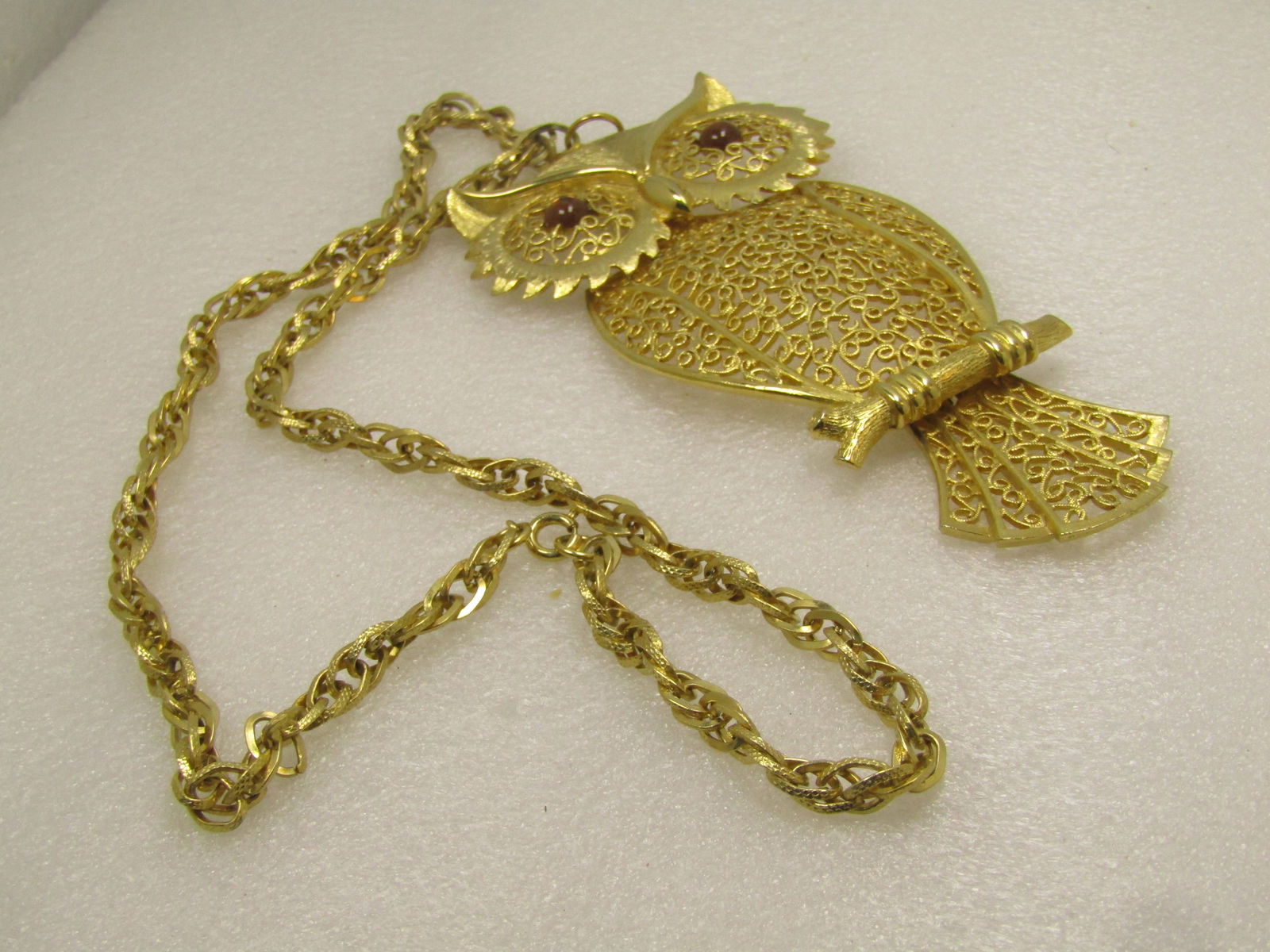 Vintage Large Filigree Owl Necklace, 22", 1960's-1970's - 6