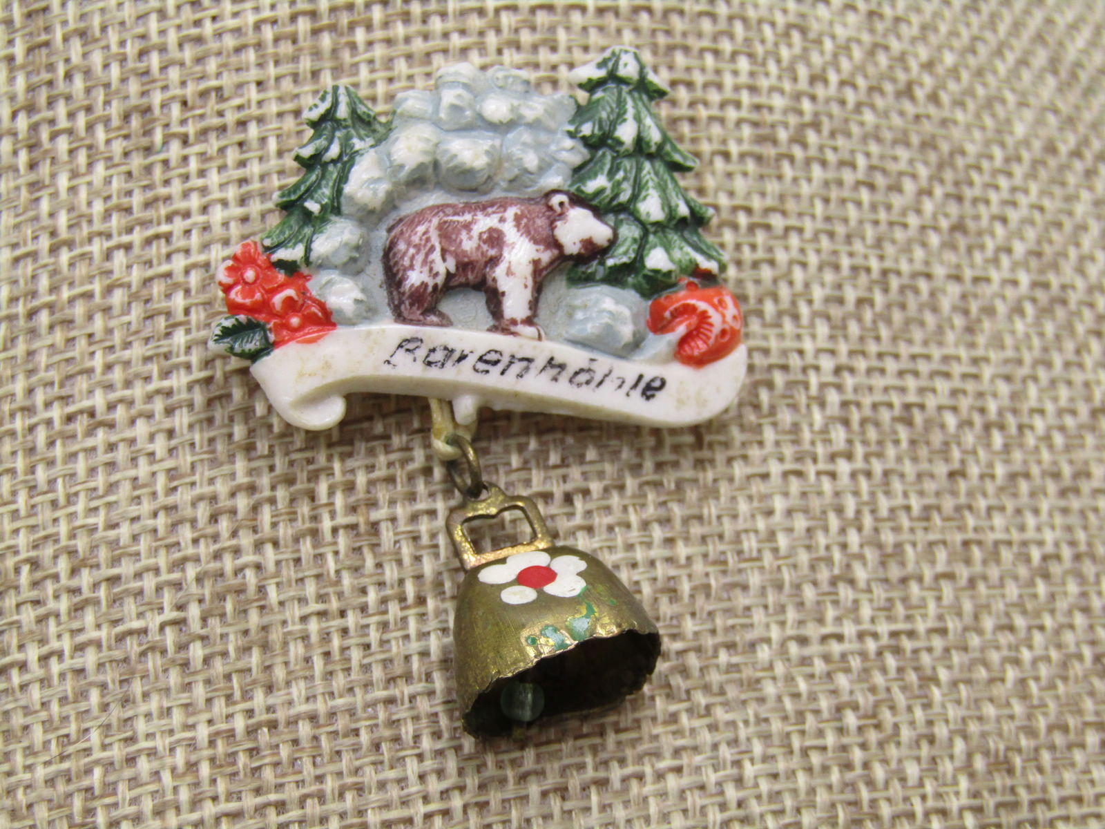 Vintage German Baenmohle Brooch, Alpine, Dangle Cow Bell, 1940's - 2