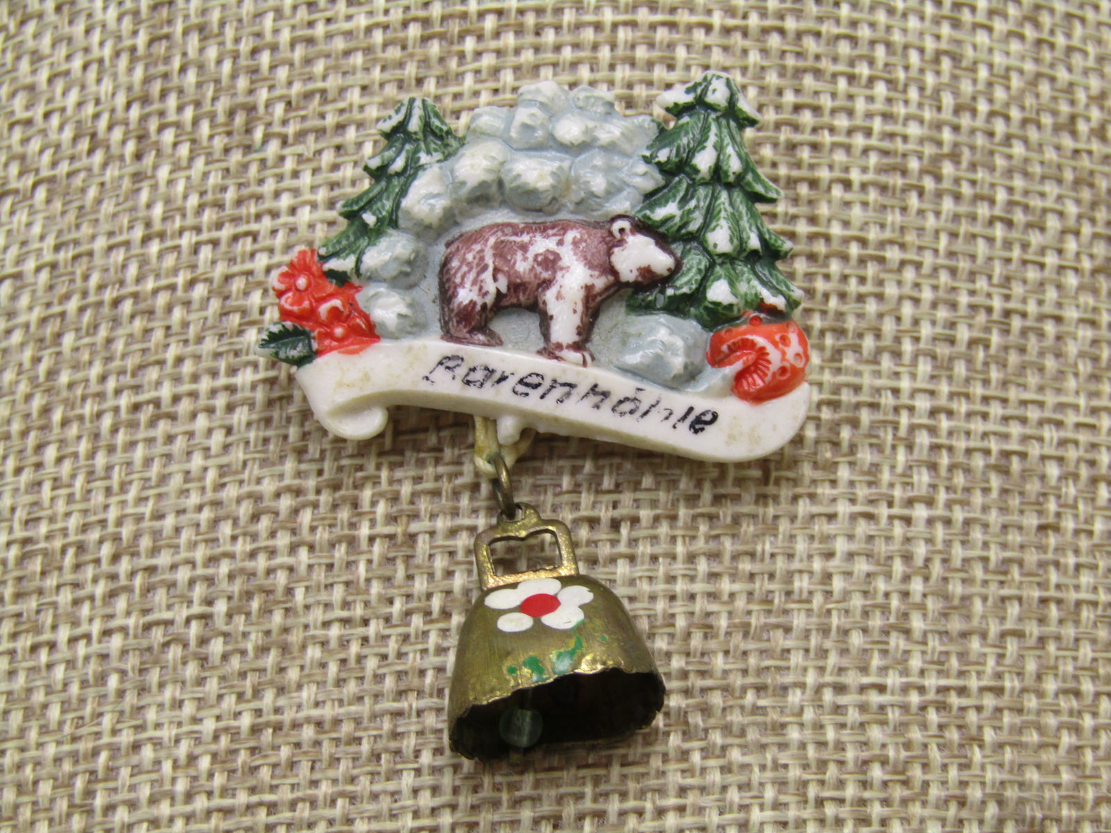 Vintage German Baenmohle Brooch, Alpine, Dangle Cow Bell, 1940's - 3