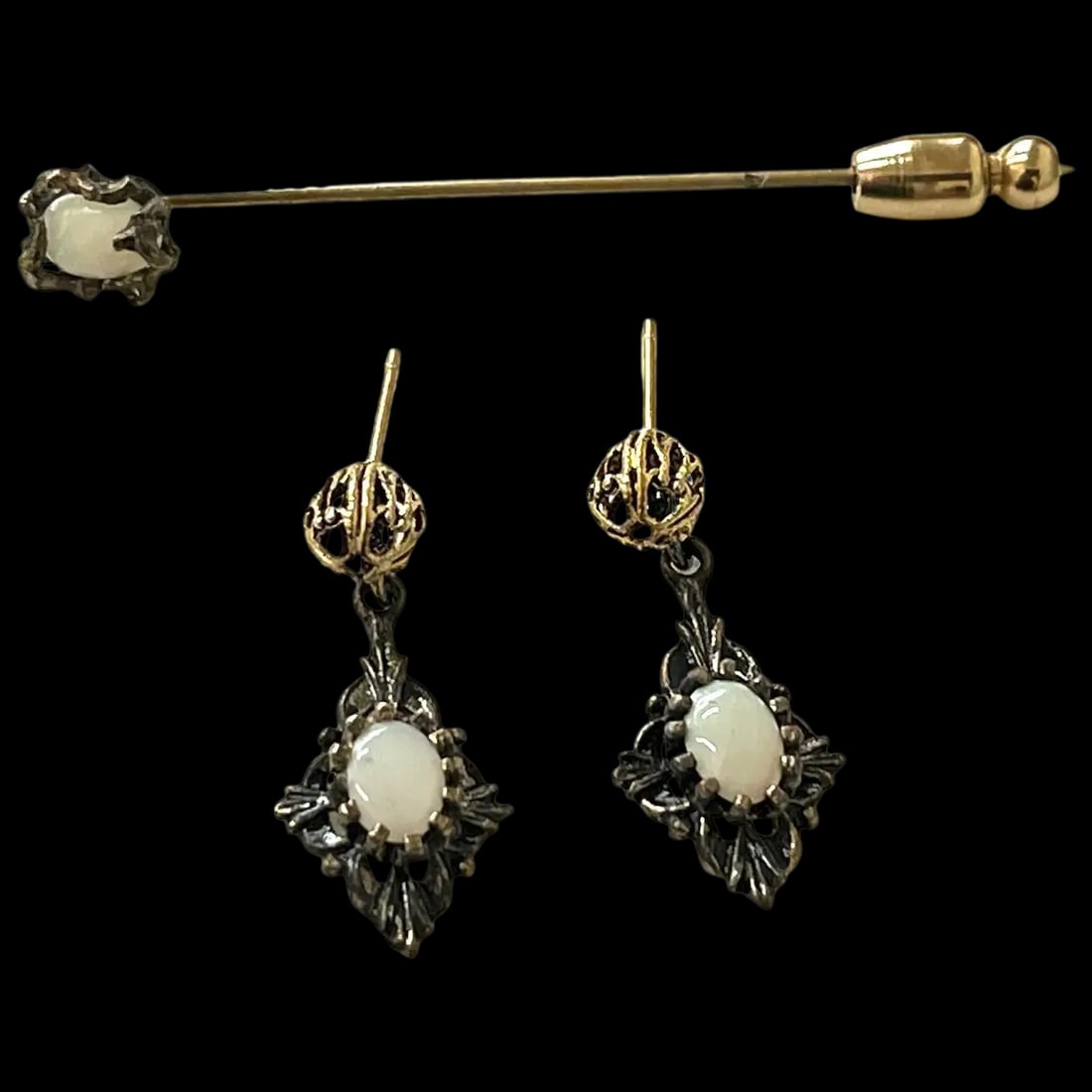 Vintage Filigree Opal Earrings and Stick Pin Set: Title: Vintage Filigree Opal Earrings and Stick Pin Set Description: Vintage Filigree Opal Earrings and Stick Pin SetHallmarked: No Hallmark SeenWeighs: 3 Grams Earrings Measure Approx: 1 x .40 inchSt