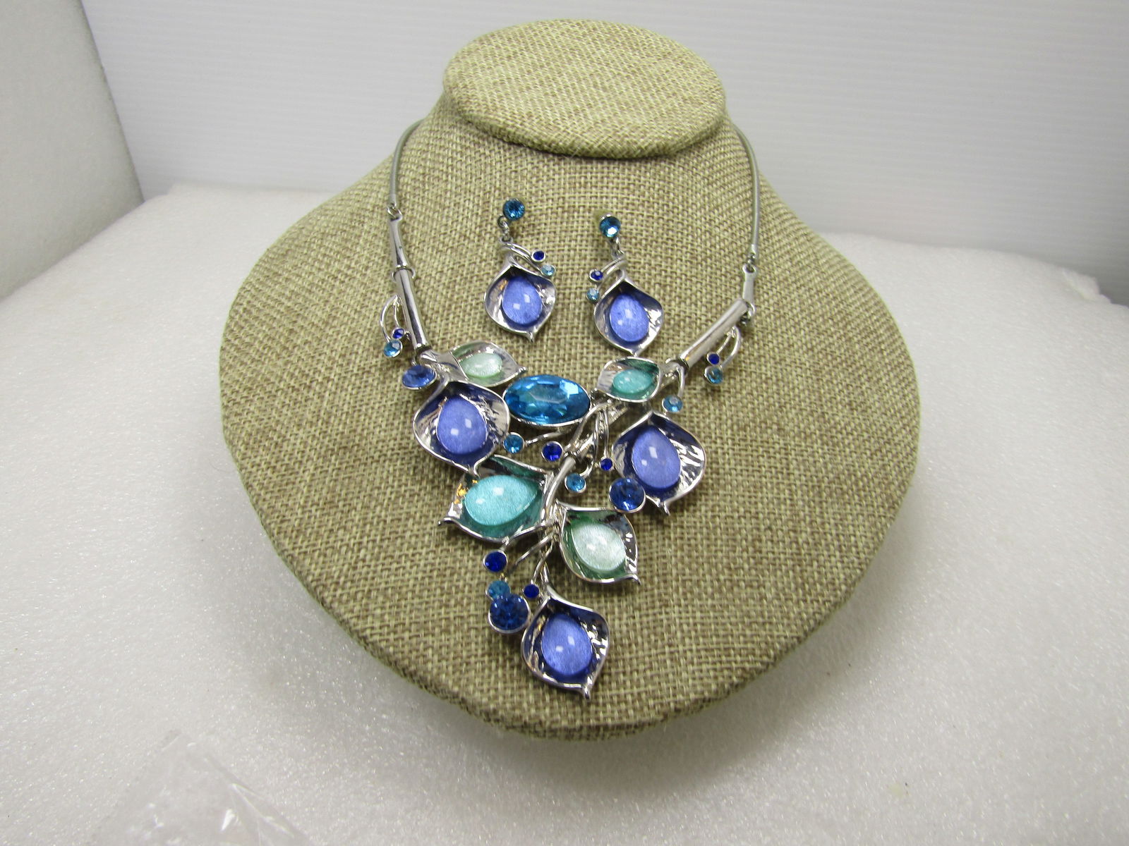 Blossom & Vine Drop Necklace & Earrings Set, Blues/Greens, 20", Pierced, 1990's - 2