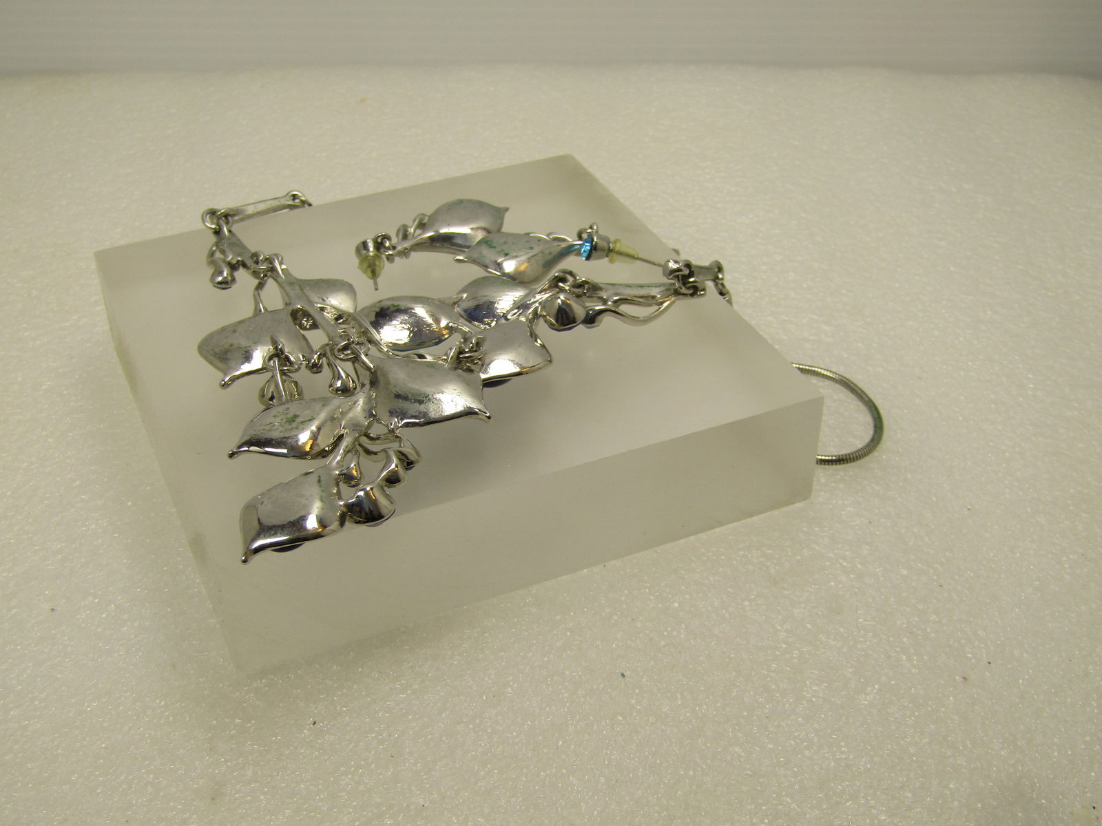 Blossom & Vine Drop Necklace & Earrings Set, Blues/Greens, 20", Pierced, 1990's - 5