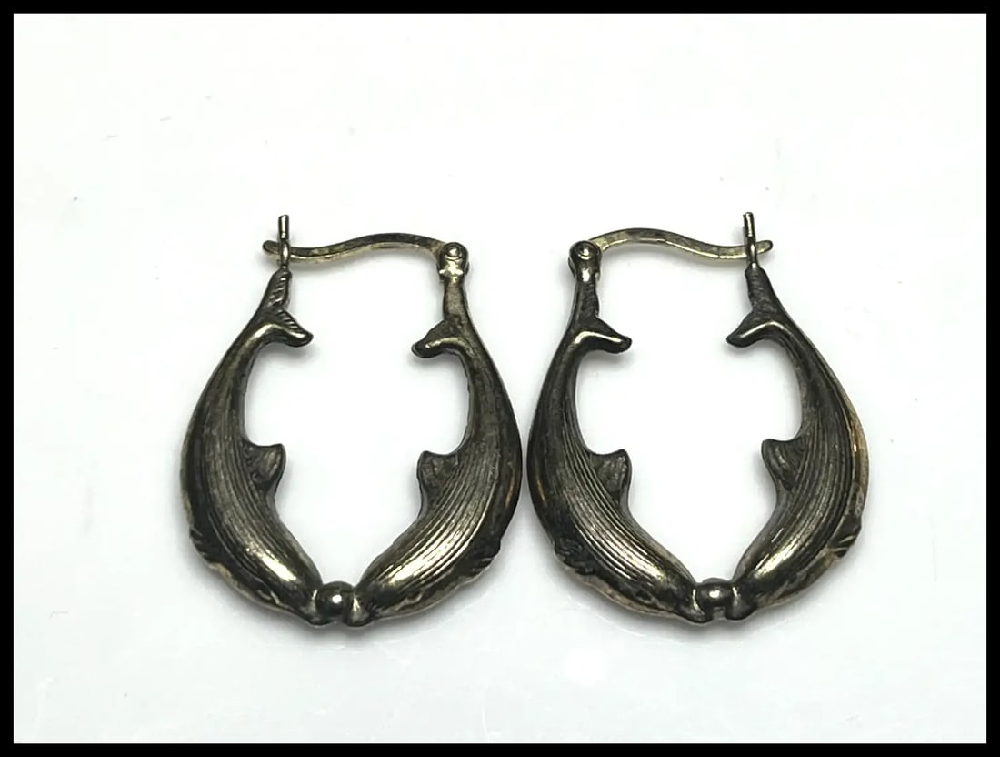 Vintage Sterling Silver Dolphin Hoop Earrings - 2