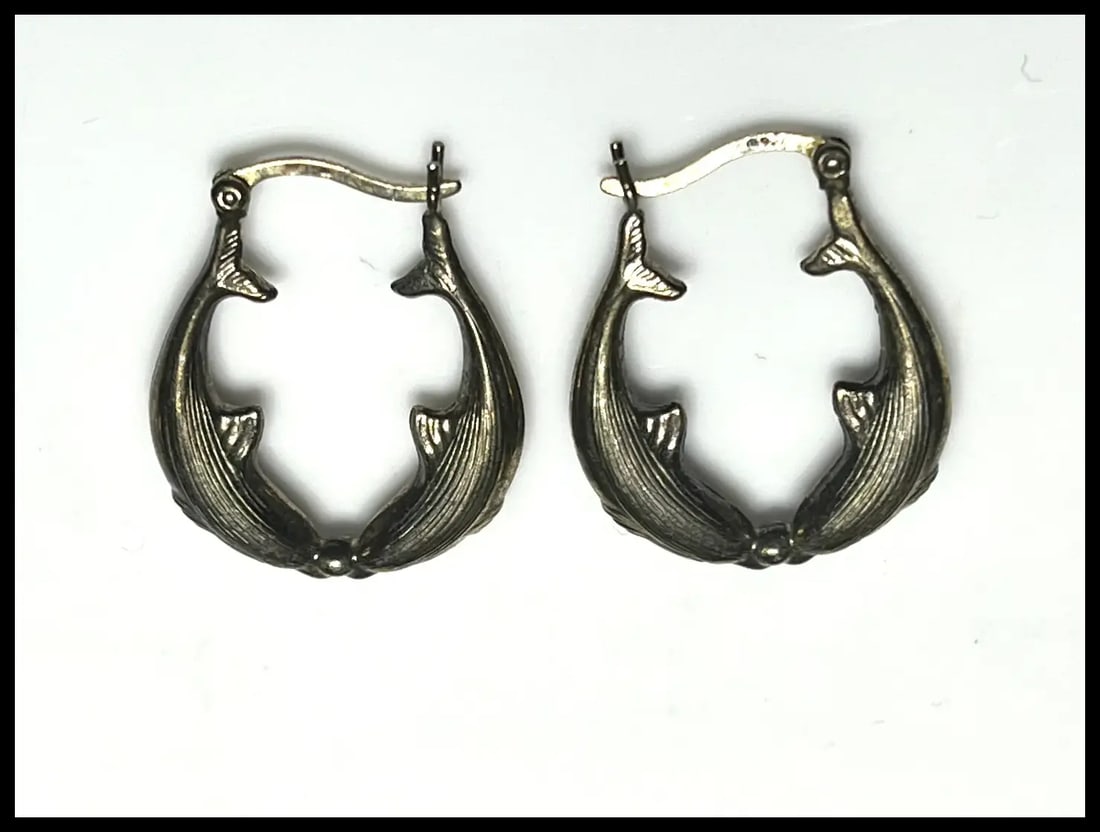 Vintage Sterling Silver Dolphin Hoop Earrings - 3