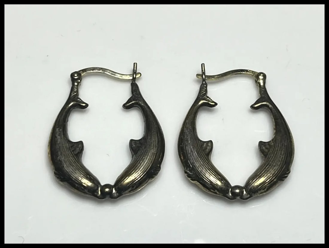 Vintage Sterling Silver Dolphin Hoop Earrings - 4
