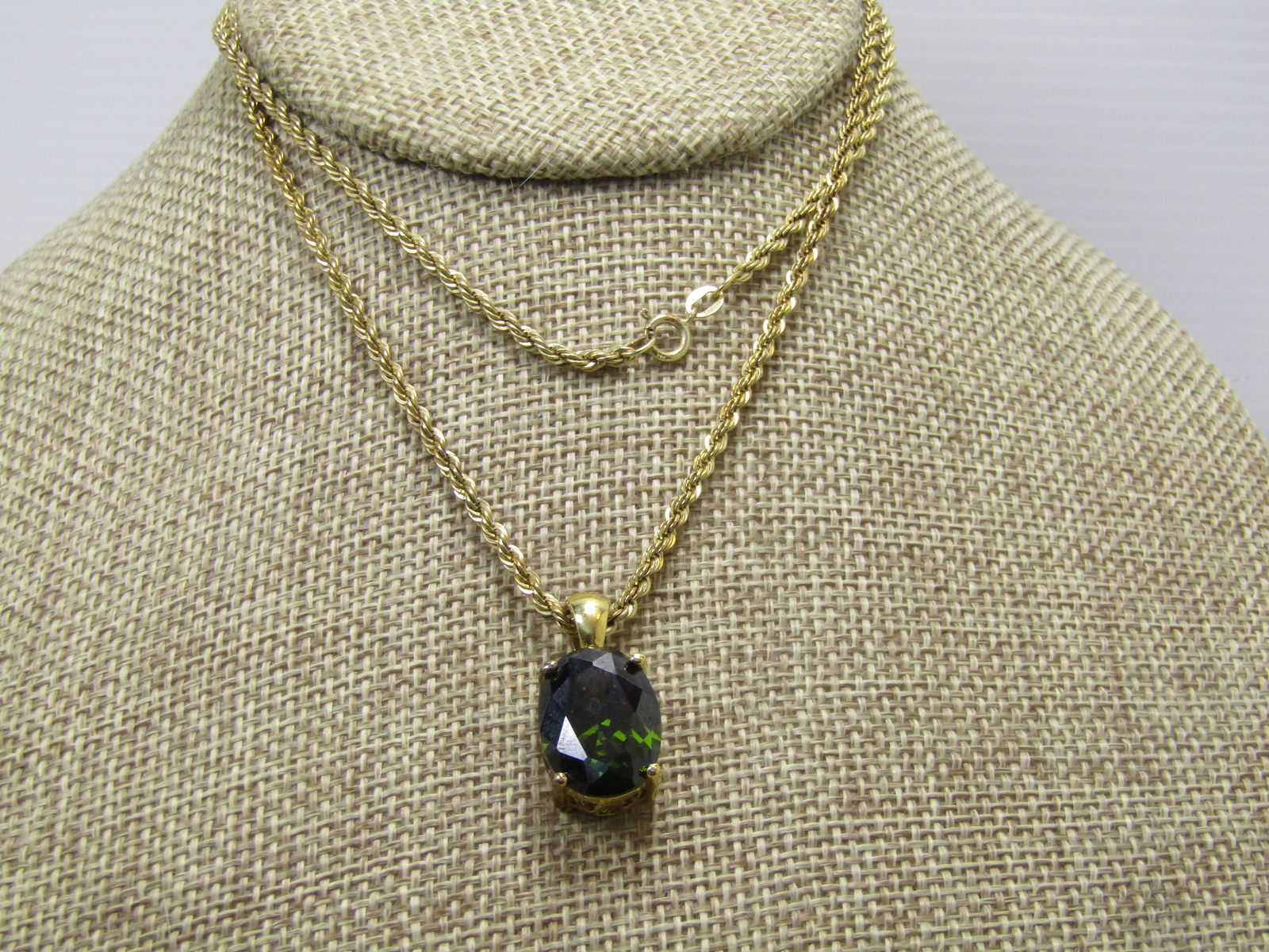Vintage Sterling Vermeil Green Stone Necklace, Danecraft, Vermeil, 24" 1980's-1990's - 2