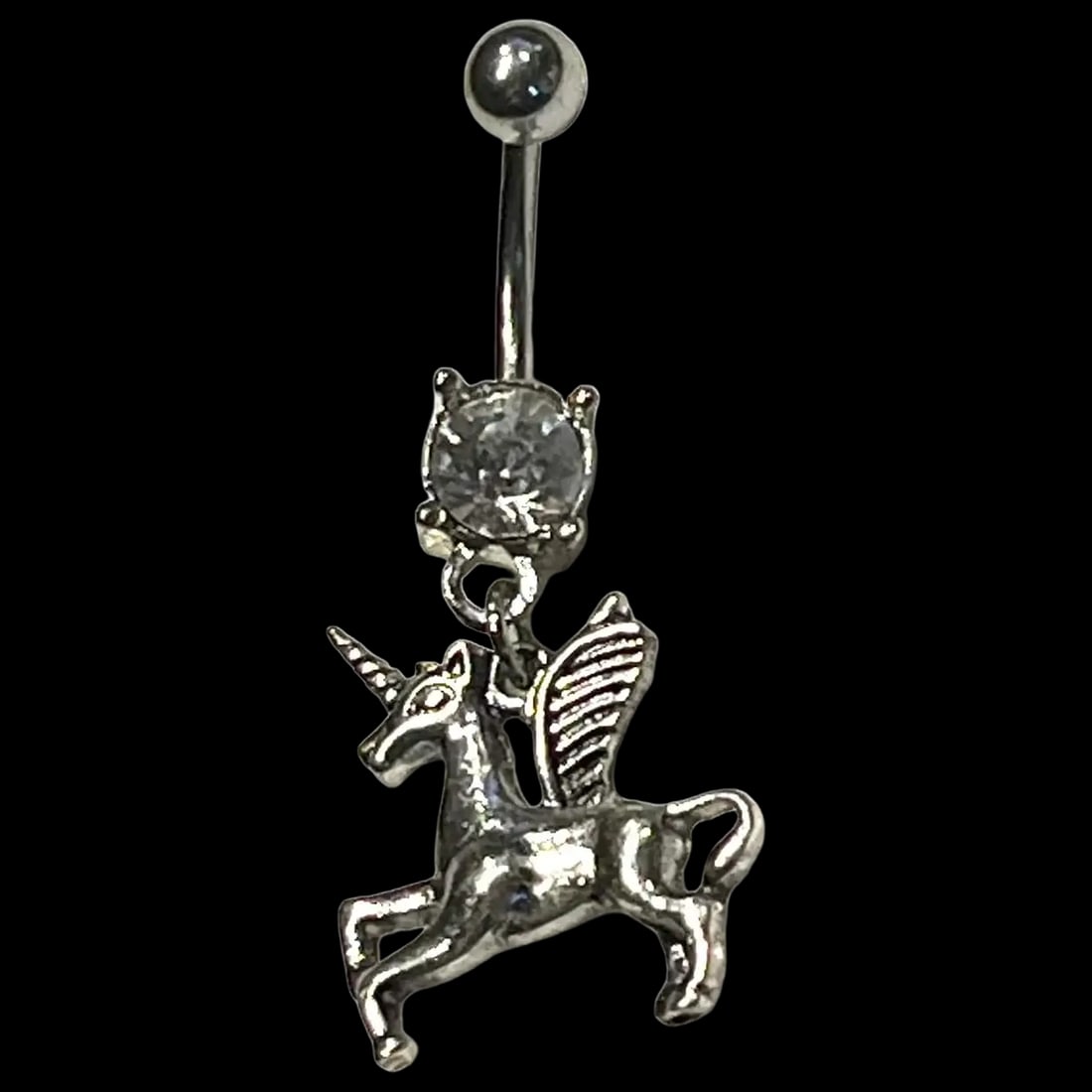 Estate Unicorn Belly Ring: Title: Estate Unicorn Belly Ring Description: Estate Unicorn Belly RingHallmarked: No Hallmark SeenWeighs: 3 grams Measures Approx: 1.5 inches length Reserve: $8.00 Shipping: Domestic: Flat-rate of $6