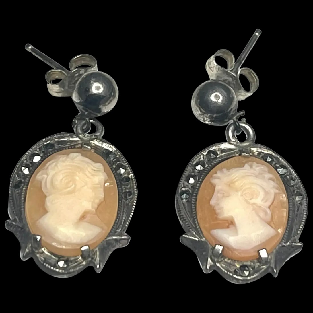 Vintage Marcasite Cameo Pierced Earrings (1 of 4)