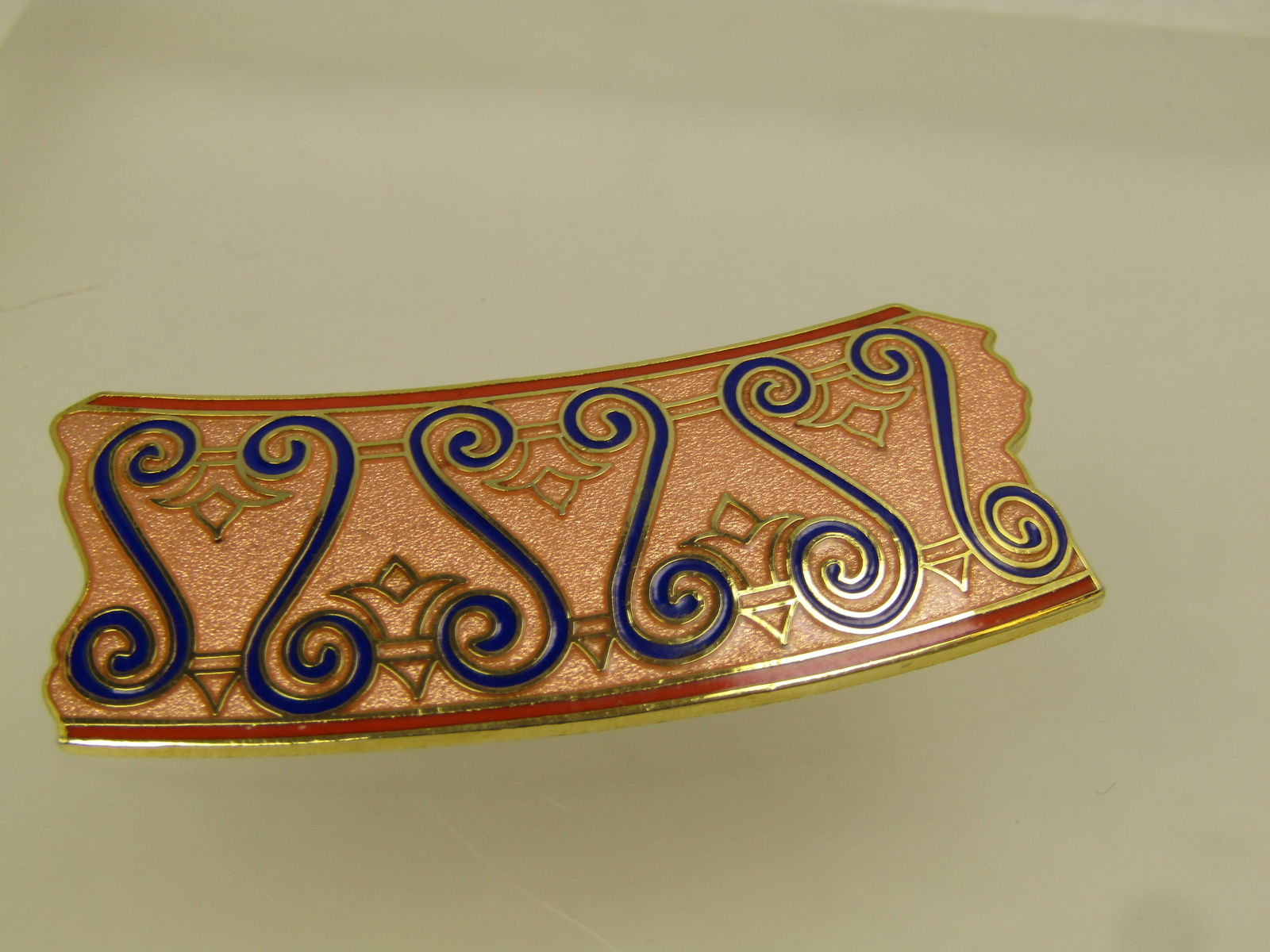 Vintage Orange & Blue Cloisonne Brooch, Signed SKY, 1970's: Vintage Orange & Blue Cloisonne Brooch, Signed SKY, 1970's, possibly earlier. This is a curved orange cloisonne brooch with irregular ends and a darker orange framing the top and bottom curve with