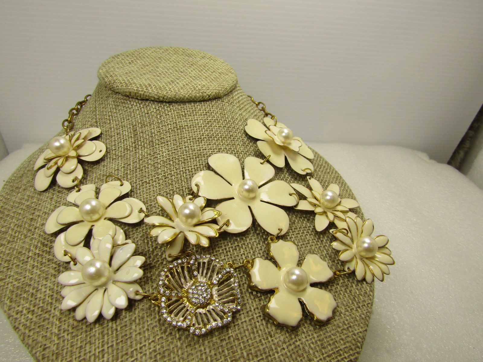 Vintage Whtie Floral Enameled Bib Necklace, Faux Pearls & Rhinestones, 1980's-1990's26"-28" - 2