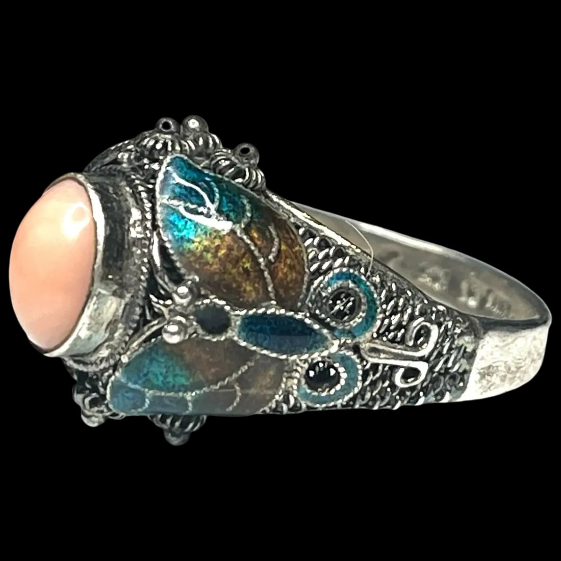 Estate BJ Beatrix Pink Coral Cloisonne Butterfly Sterling Silver Ring: Title: Estate BJ Beatrix Pink Coral Cloisonne Butterfly Sterling Silver Ring Description: Estate BJ Beatrix Pink Coral Cloisonne Butterfly Sterling Silver RingHallmarked: BJ 925 China Weighs: 6