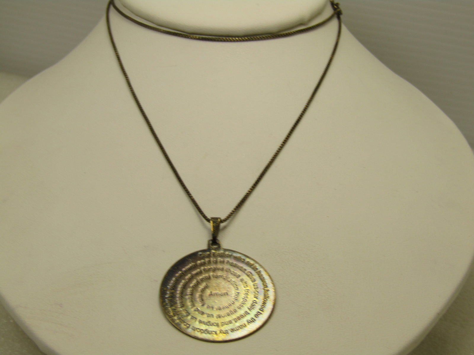 Vintage Sterling Lord's Prayer Necklace, 24" Box Chain, 1970's-1980's, Signed BSI, Italy: Vintage Sterling Lord's Prayer Necklace, 24" Box Chain, 1970's-1980's, Signed BSI, Italy. The pendant and chain necklace are marked .925 and acid test as sterling with a weight of the necklace of appx