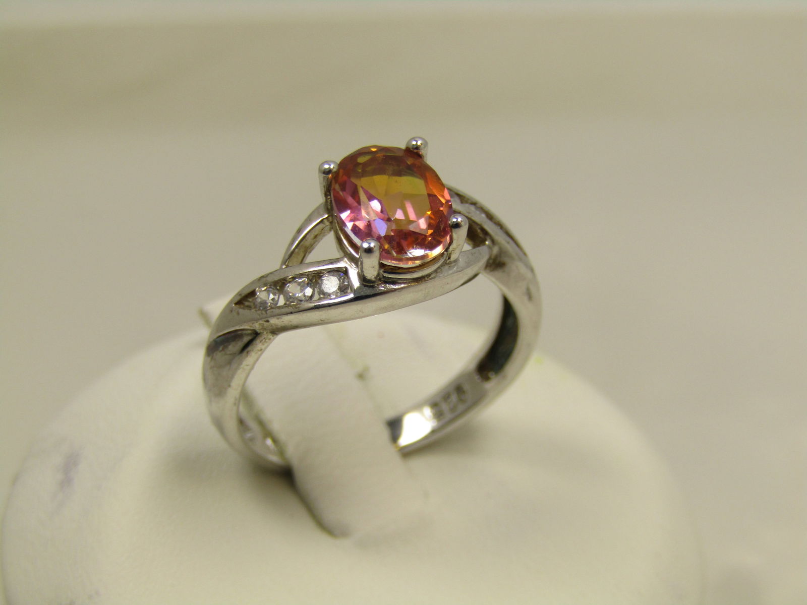 Sterling Pink/Orange Topaz Ring, CZ, Sz. 6, 1990's - After (1 of 8)