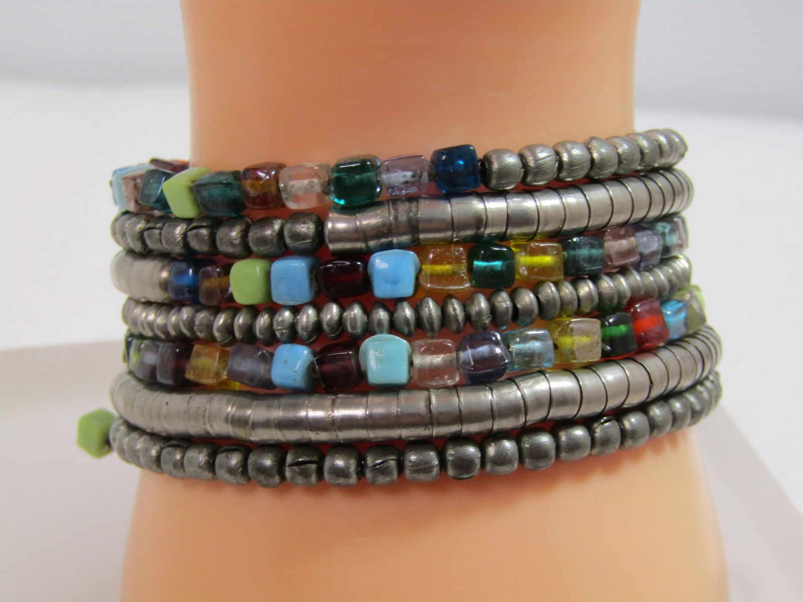 Wide Coiled Bracelet, Boho, 7 Strands, Metal/Glass, 1990's-2010 (1 of 7)