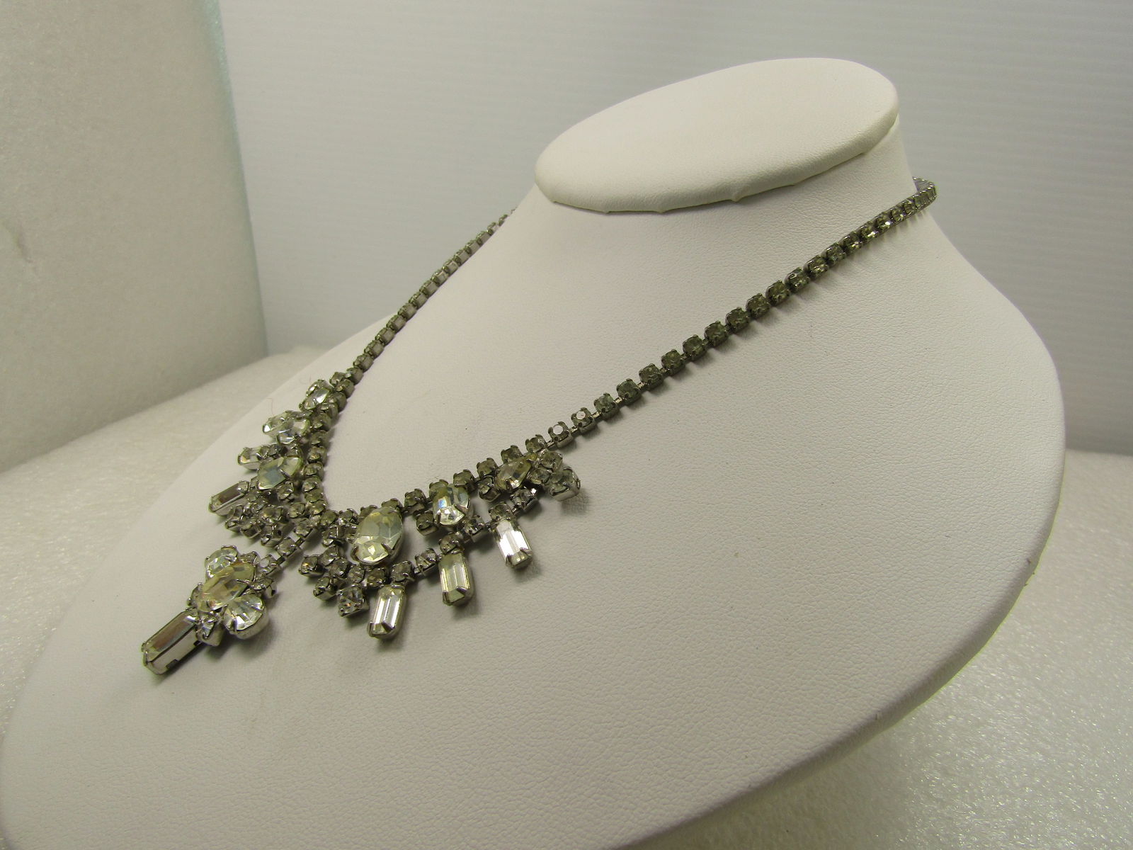 Vintage Rhinestone Clear Necklace, Oval/Round/Baguettes Bib, 15", Signed Weiss, Mid-Century - 2