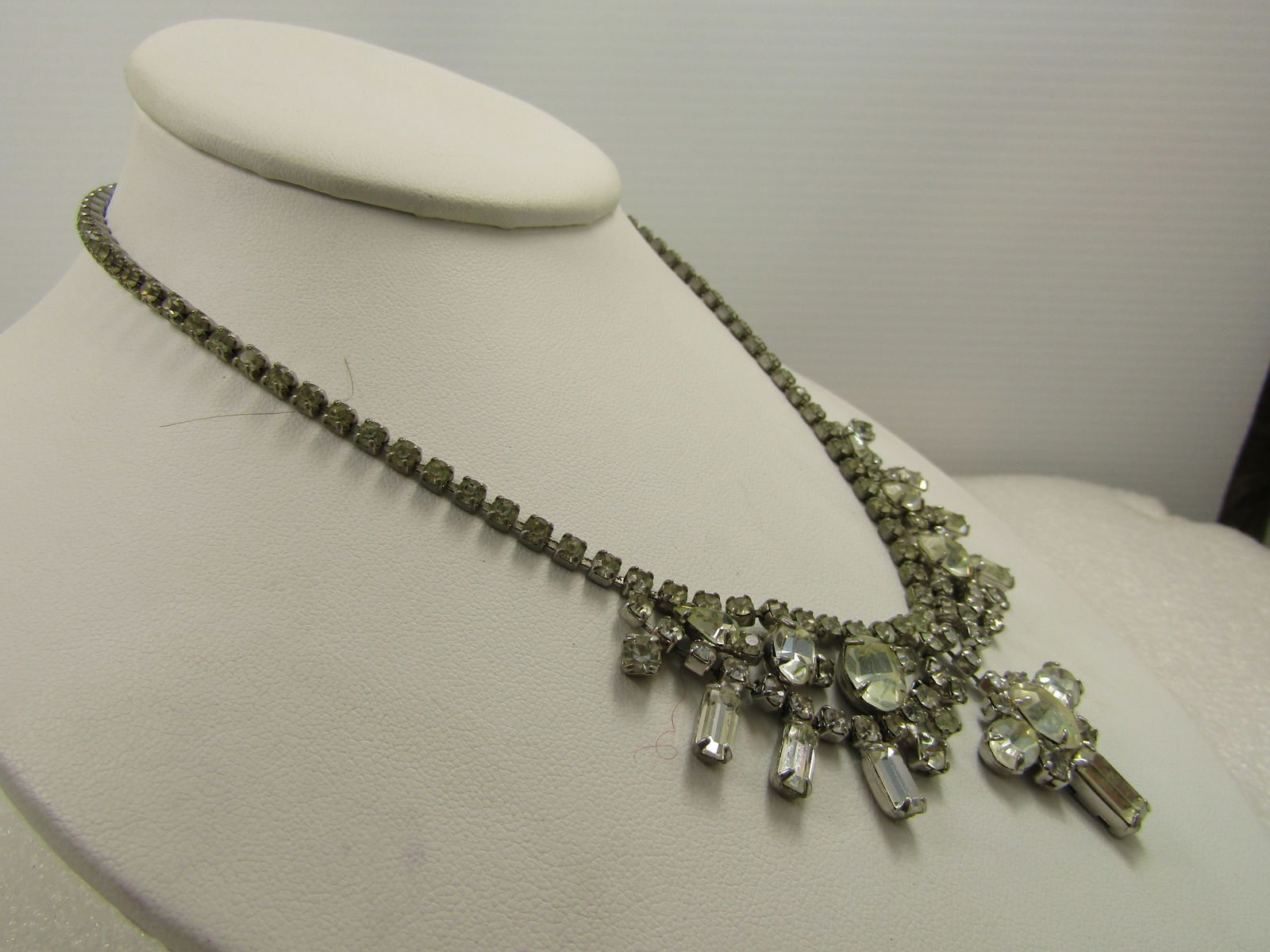 Vintage Rhinestone Clear Necklace, Oval/Round/Baguettes Bib, 15", Signed Weiss, Mid-Century - 3