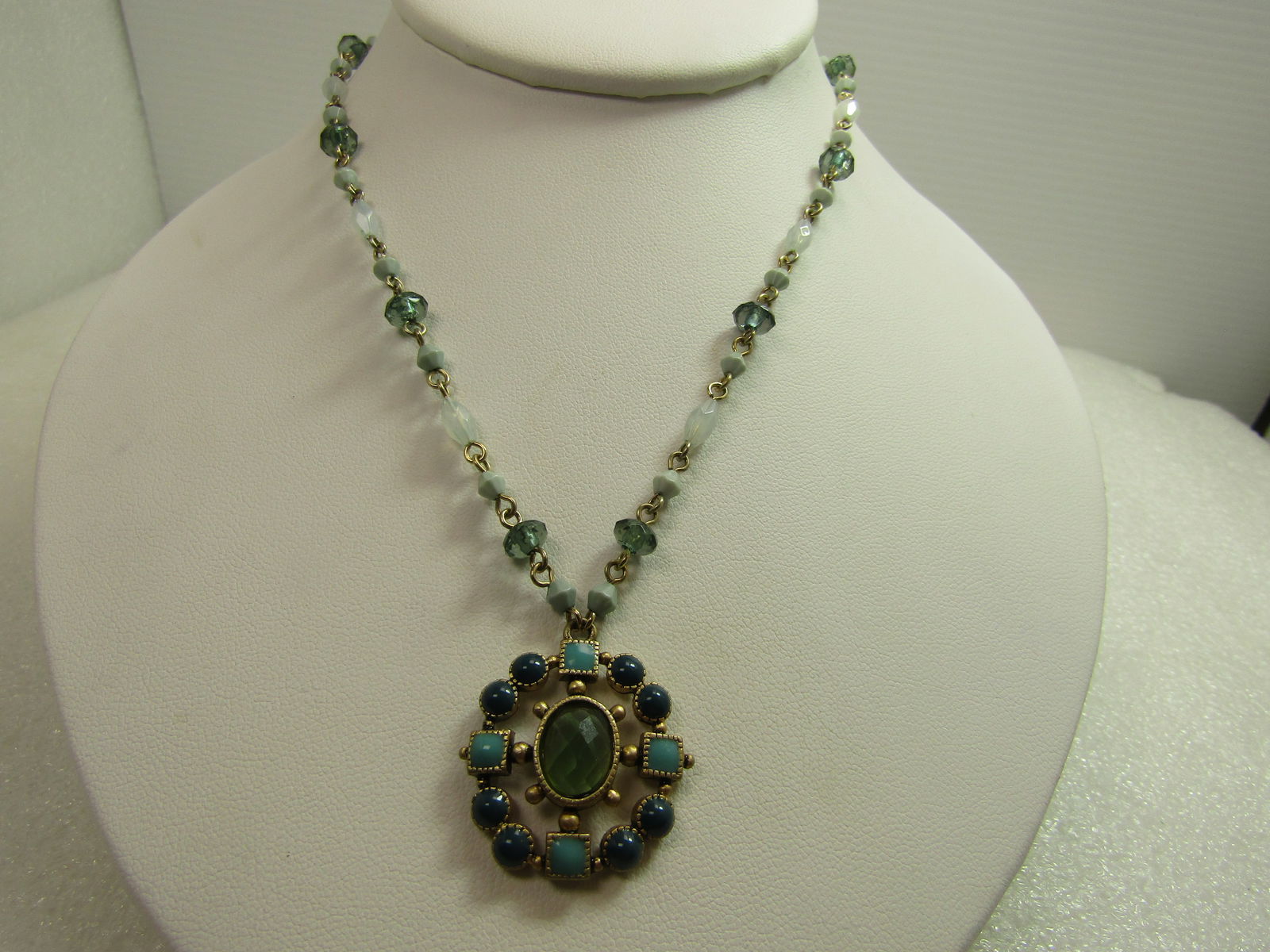 Blue/Green Glass & Acrylic Beaded Necklace/Pendant, 16"-18"- 1990's-2000's (1 of 6)