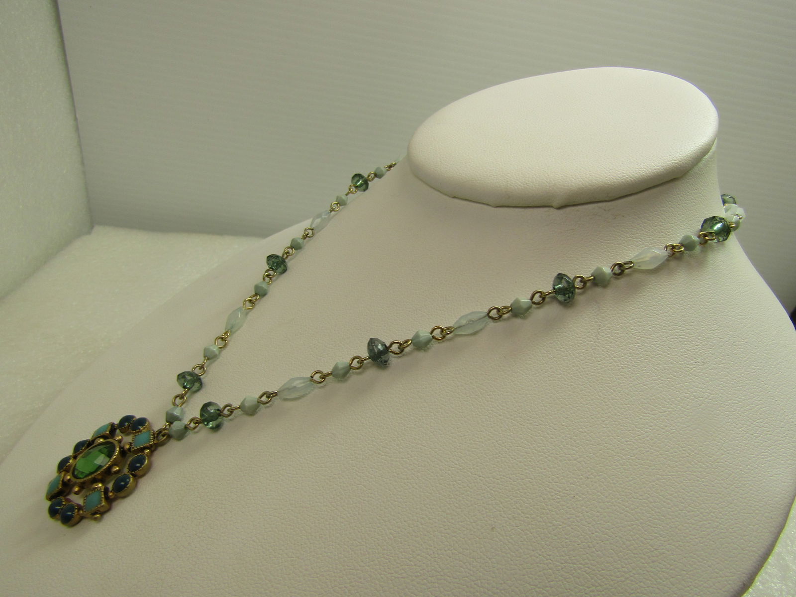 Blue/Green Glass & Acrylic Beaded Necklace/Pendant, 16"-18"- 1990's-2000's - 2