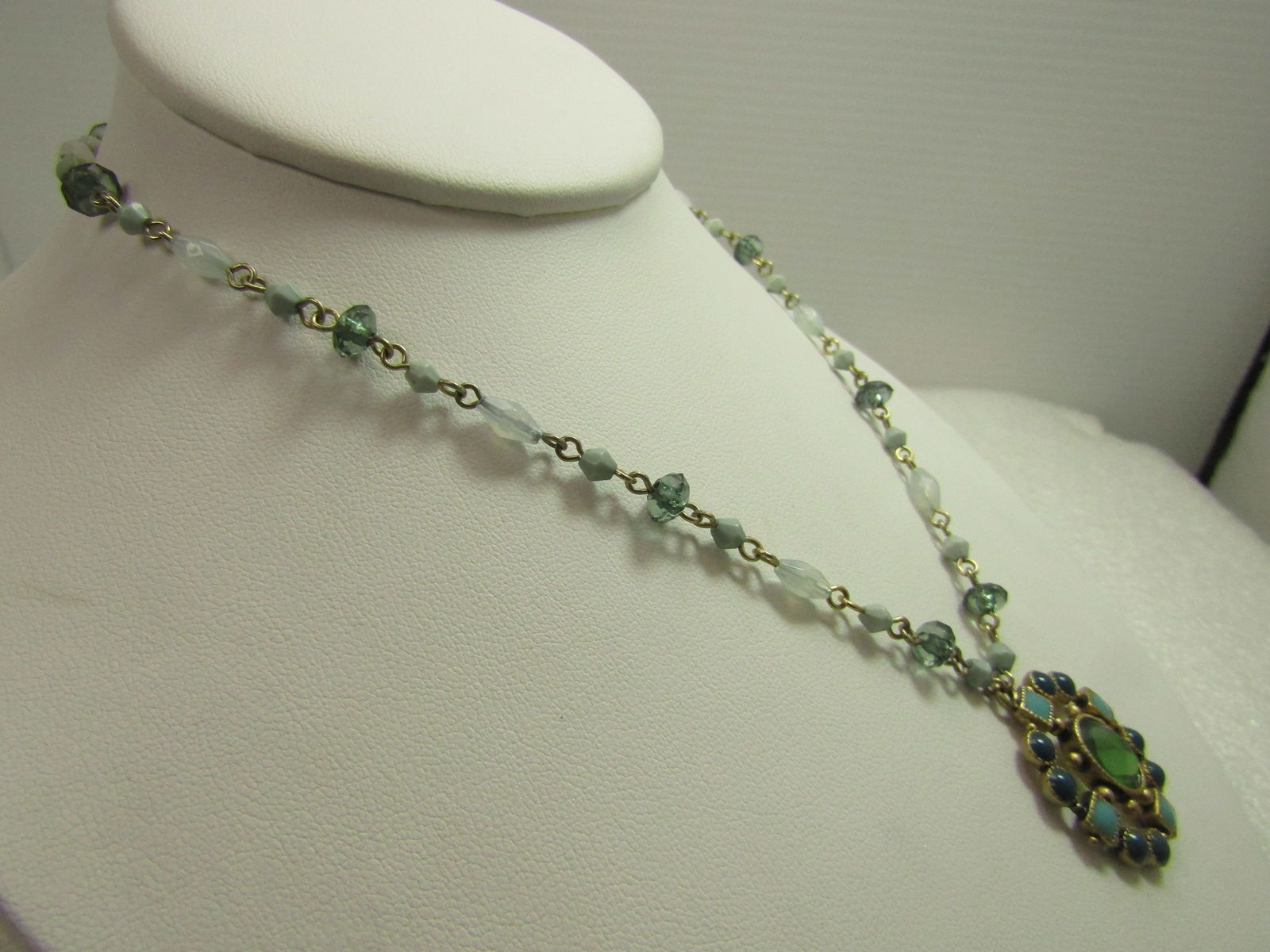 Blue/Green Glass & Acrylic Beaded Necklace/Pendant, 16"-18"- 1990's-2000's - 3