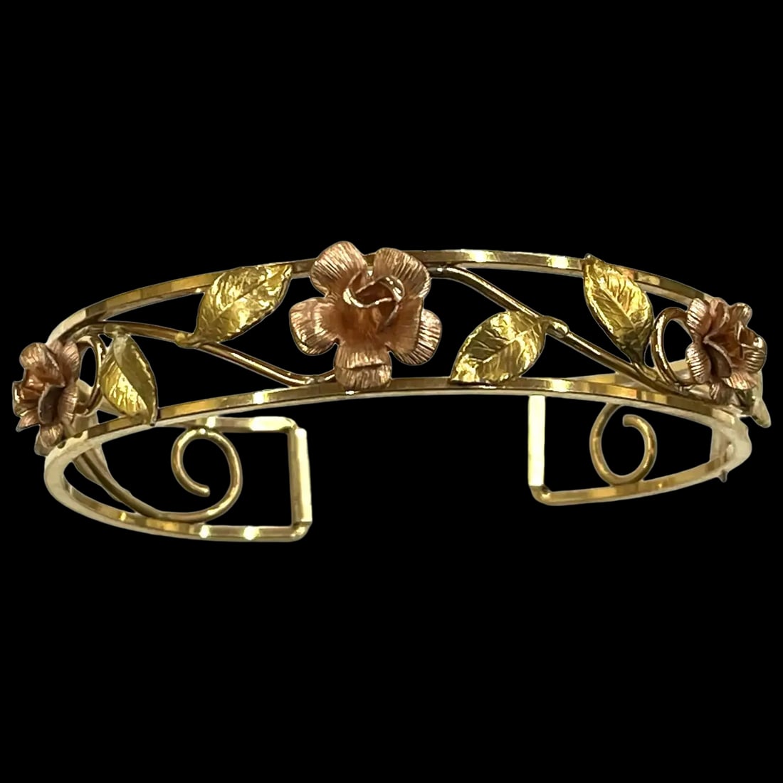Vintage Krementz Open Rose 14K Gold and Rose Gold Filled Leaf Cuff Bracelet (1 of 6)