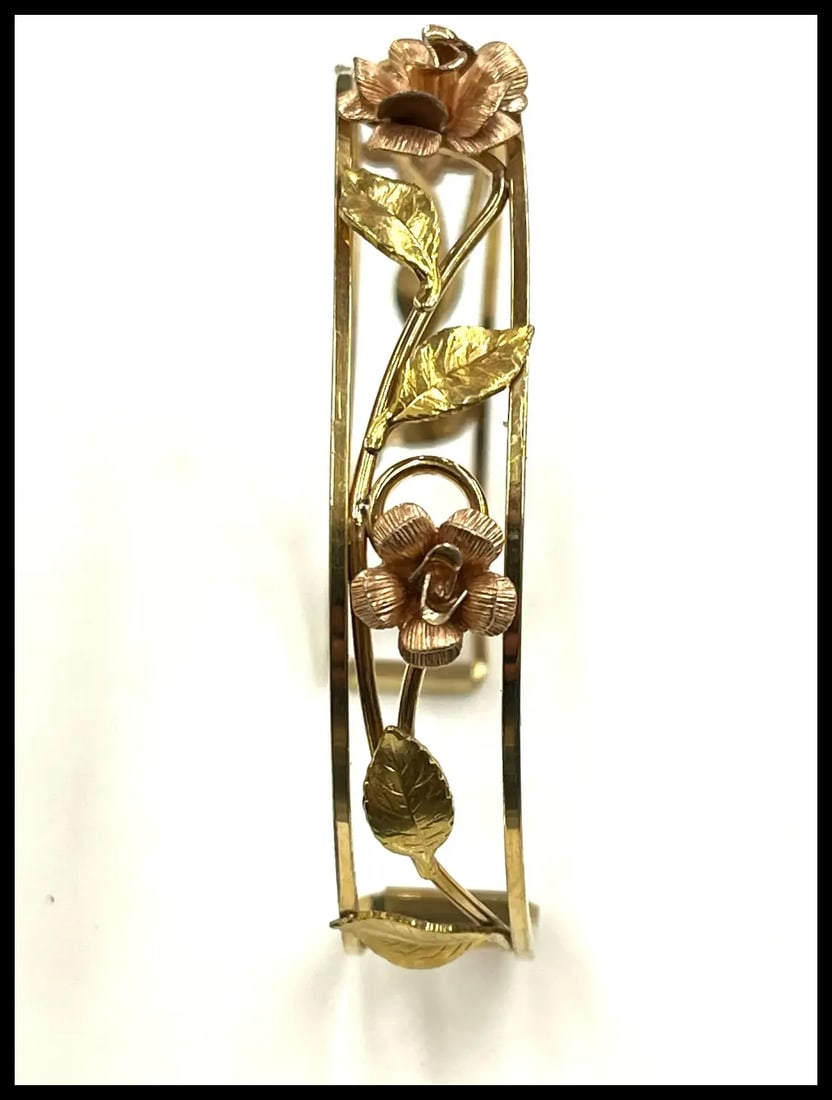 Vintage Krementz Open Rose 14K Gold and Rose Gold Filled Leaf Cuff Bracelet - 3