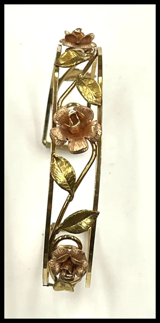 Vintage Krementz Open Rose 14K Gold and Rose Gold Filled Leaf Cuff Bracelet - 5