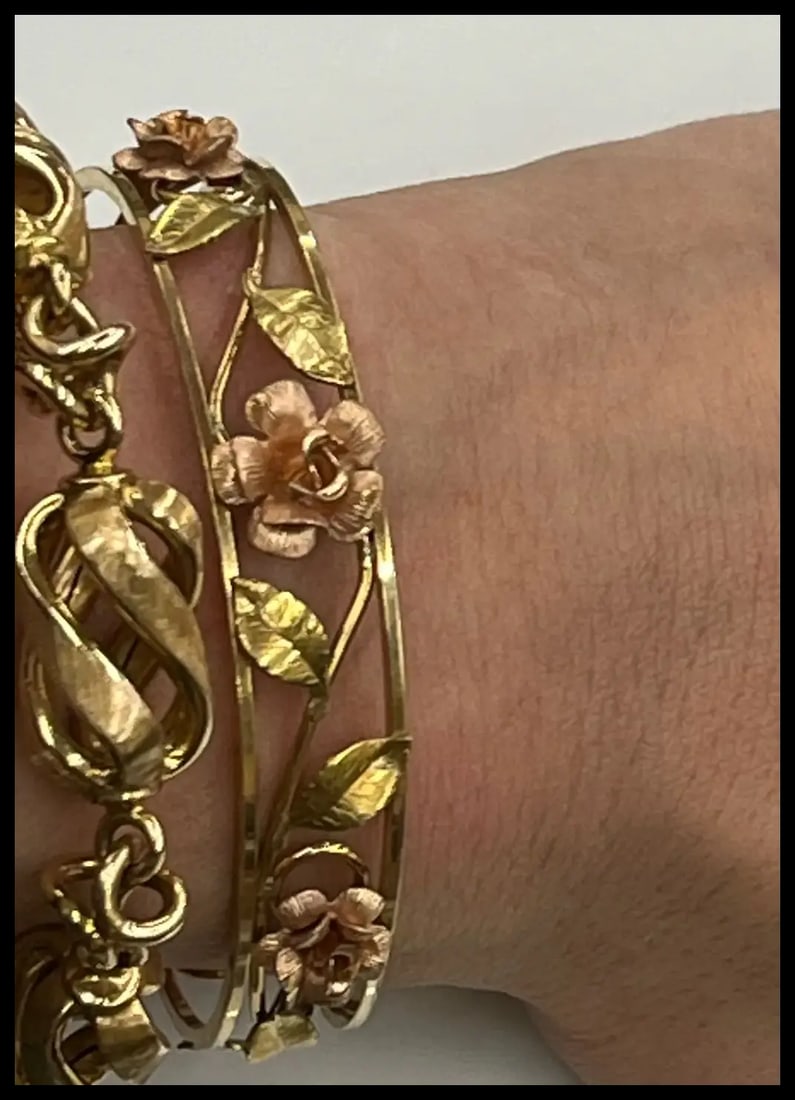 Vintage Krementz Open Rose 14K Gold and Rose Gold Filled Leaf Cuff Bracelet - 6