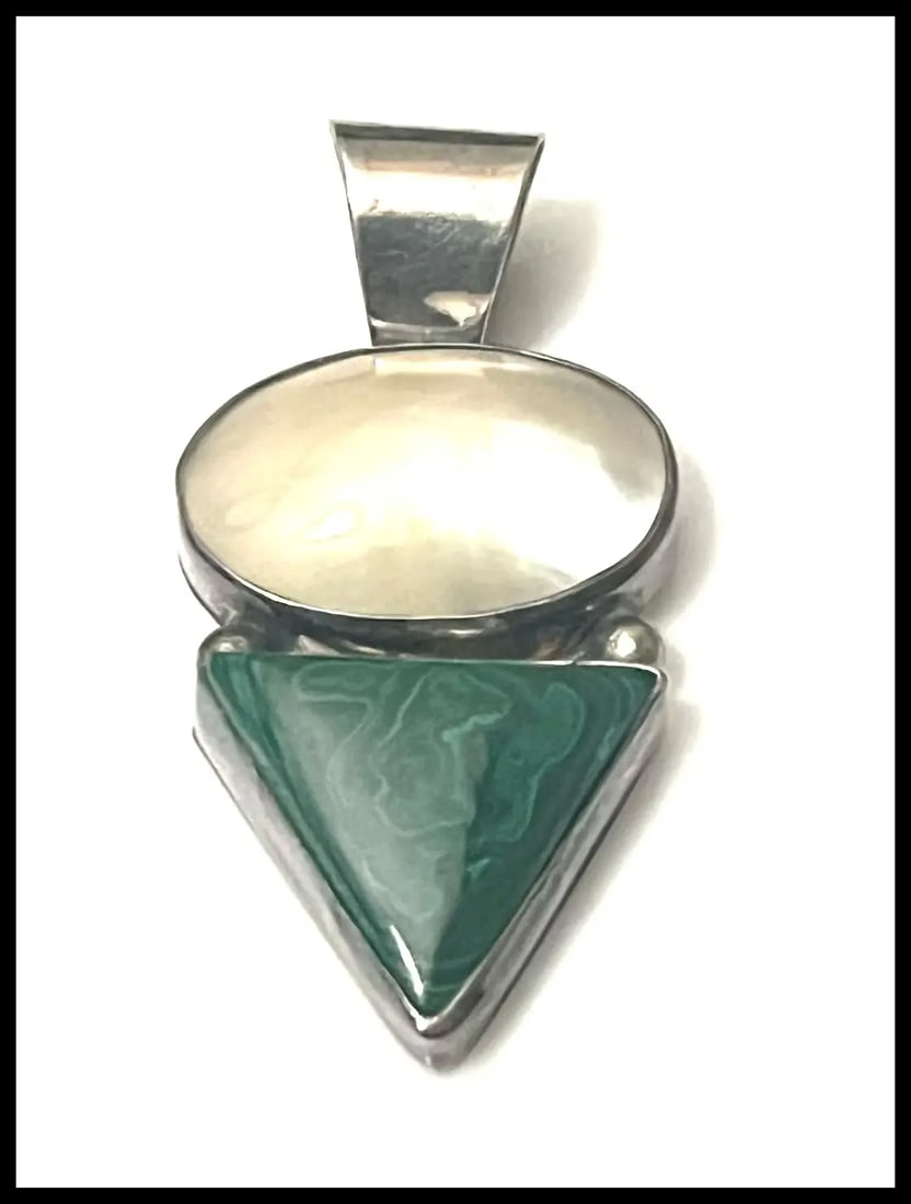 Vintage Malachite and Mother of Pearl Sterling Silver Pendant - 2