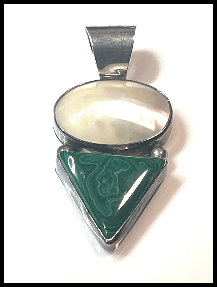 Vintage Malachite and Mother of Pearl Sterling Silver Pendant - 3