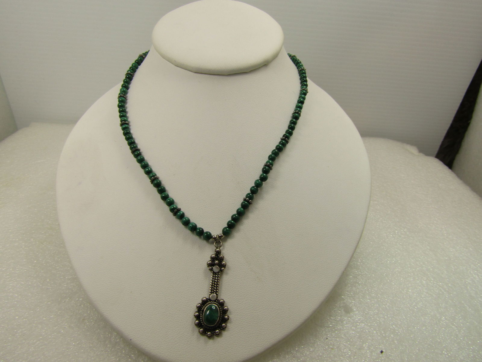Vintage Sterling Malachite Beaded Necklace/Pendant, 17", Toggle Clasp, 1980's-1990's, Southwestern (1 of 8)