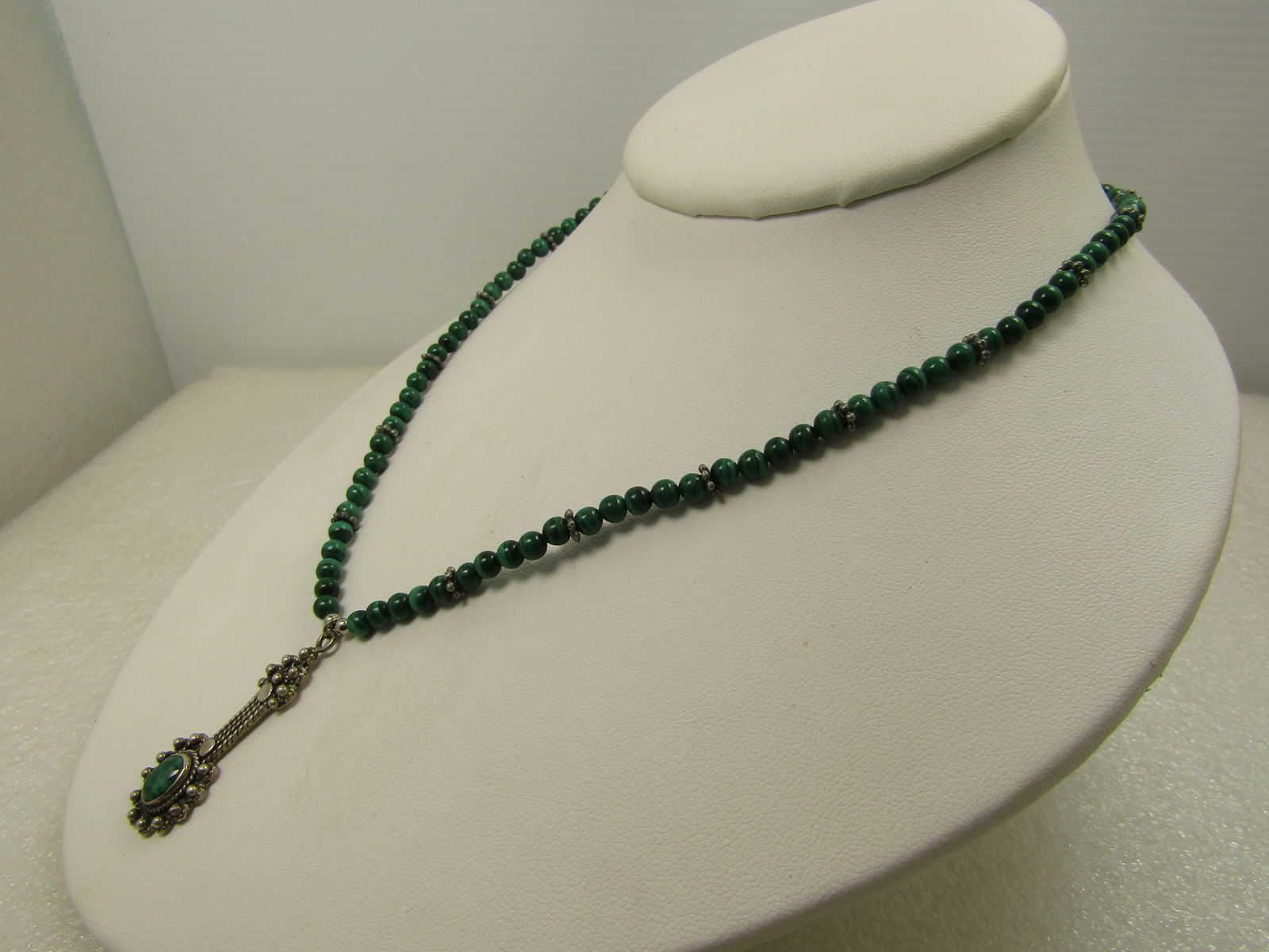 Vintage Sterling Malachite Beaded Necklace/Pendant, 17", Toggle Clasp, 1980's-1990's, Southwestern - 2
