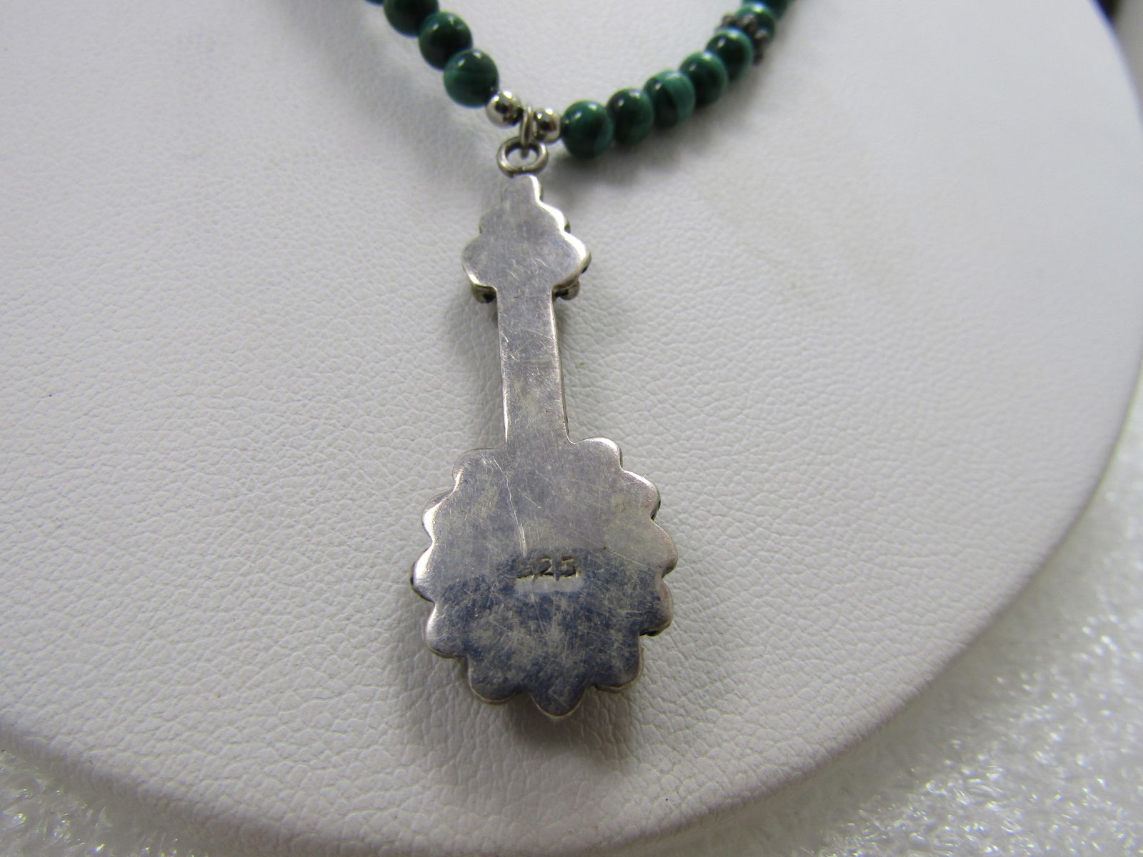 Vintage Sterling Malachite Beaded Necklace/Pendant, 17", Toggle Clasp, 1980's-1990's, Southwestern - 4